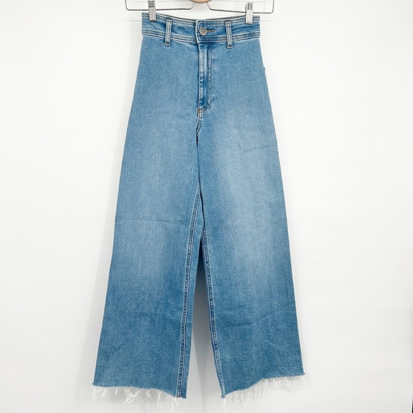 Zara Denim - Zara Womens Medium Wash High Rise Raw Hem Baggy Wide Leg Barrel Jeans Size 0